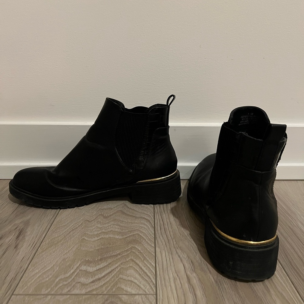 Call It Spring Black Chelsea Boots with Gold Heel – Size 8.5
